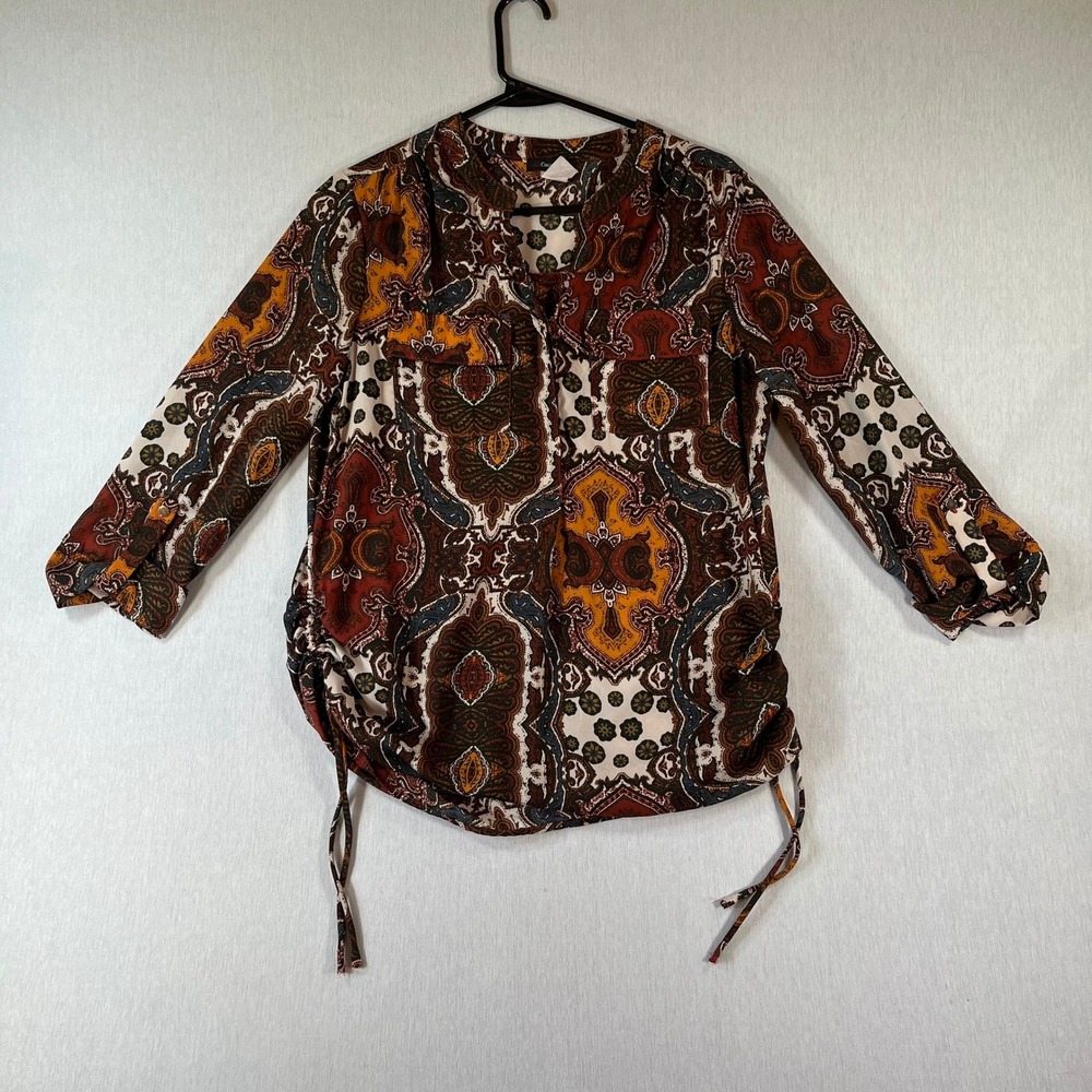 Vintage Cocomo Paisley Top Small Roll Tab Sleeve Ruched Side Blouse Brown Orange